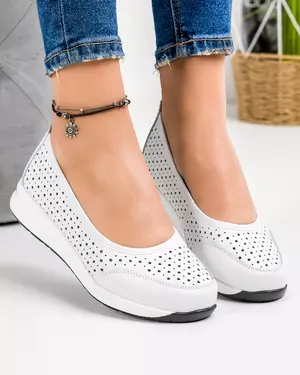 Pantofi casual dama piele naturala albi perforati cu varf rotund T-3026
