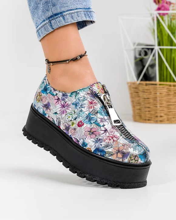 Pantofi Casual Dama Piele Naturala Imprimeu Floral IN455E