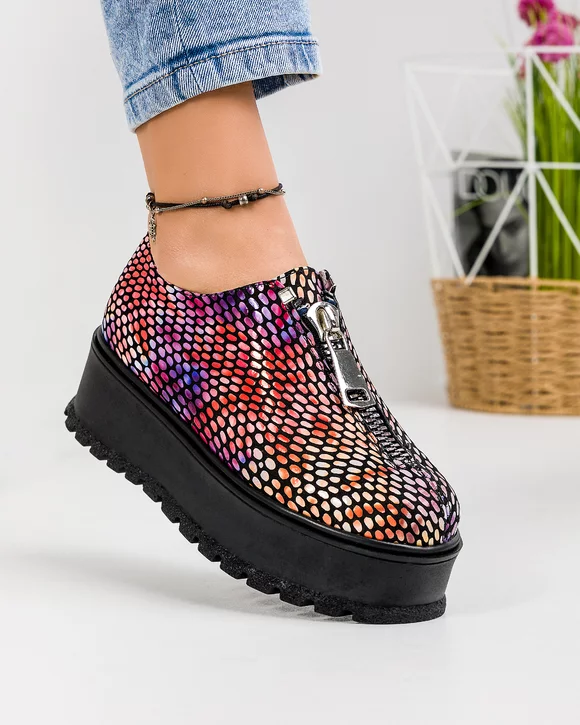 Pantofi Casual Dama Piele Naturala Print Buline Colorate IN455F