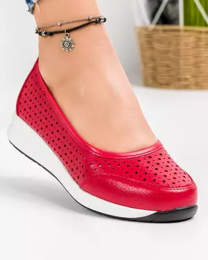 Pantofi casual dama piele naturala rosii cu perforatii T-3026