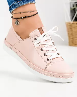 Pantofi casual dama piele naturala roz cu talpa joasa si varf rotund AKD001