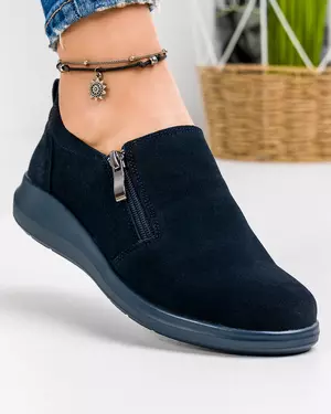 Pantofi casual de dama din piele naturala intoarsa bleumarin inchidere cu fermoar si varf rotund T-3100