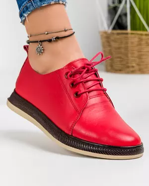 Pantofi casual de dama din piele naturala rosii cu talpa joasa si inchidere cu siret AK550