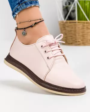 Pantofi casual de dama din piele naturala roz pudra cu talpa joasa si varf rotund AK550