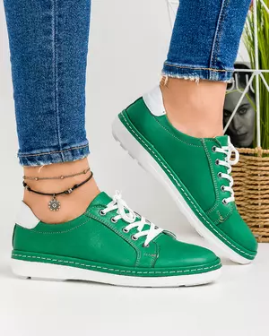 Pantofi casual de dama din piele naturala verzi cu talpa flexibila si inchidere siret AKD002
