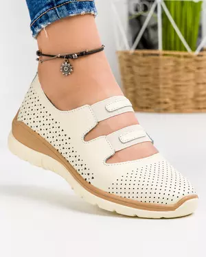 Pantofi Piele Naturala Cu Bareta Elastica Bej Casual XH-2067