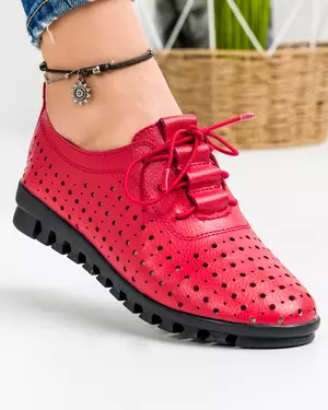 Pantofi Rosii Cu Talpa Flexibila Piele Naturala Perforati Cu Siret Casual ZA-201