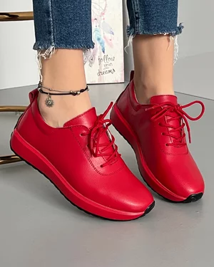 Pantofi Rosii Cu Talpa Neagra Casual Din Piele Naturala AW364