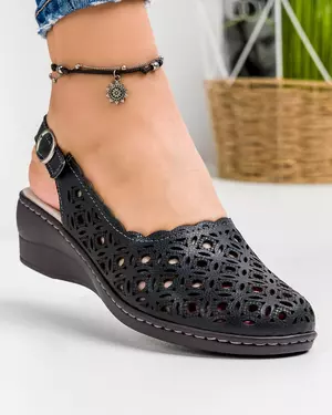 Sandale Dama Cu Decupaj La Spate Perforate Piele Naturala Negre JSB-105